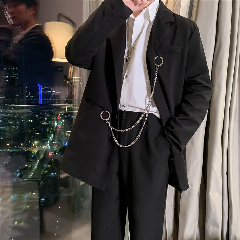 

Men 2 Pieces Suits Sets Jacket+trouser Male Vintage Fashion High Street Hip Hop Iron Chain Casual Suit Jacket Pant