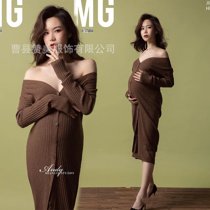 

Knitted Maternity Dress Elasticity Autumn Pregnant Clothes Long Sleeve Maternity Gown Photography Photo Shoot Pregnancy Dress