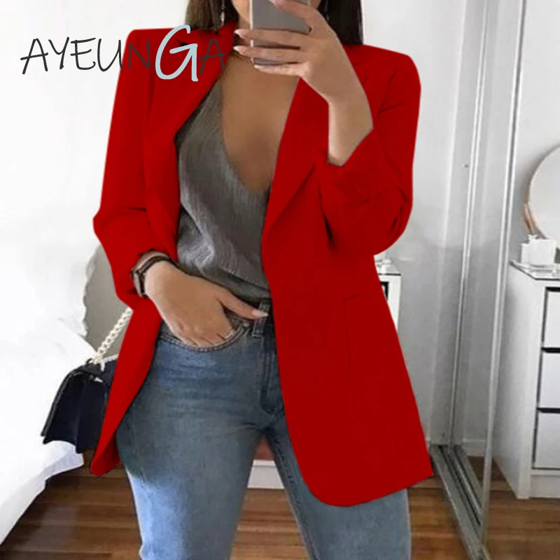 

Autumn Slim Fit Women Coats Turn-down Collar Pockets Jacket Outerwear Open Front Vintage Casual Fashion Coats And Jackets