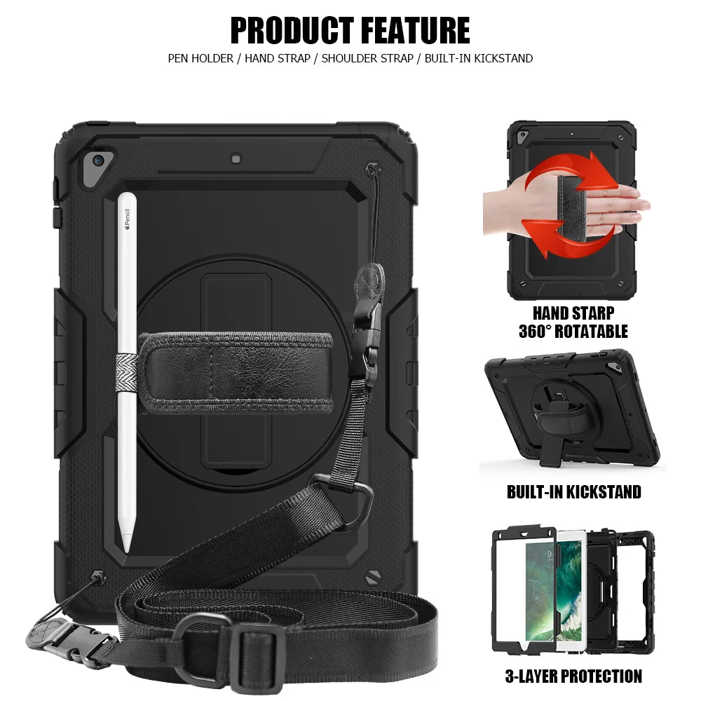 Case for Apple iPad 9.7 6th generation Tablet Kids Safe Shockproof Armor Cover Hand Strap Neck Strap for Air 2 Pro 9.7 - Цвет: Black