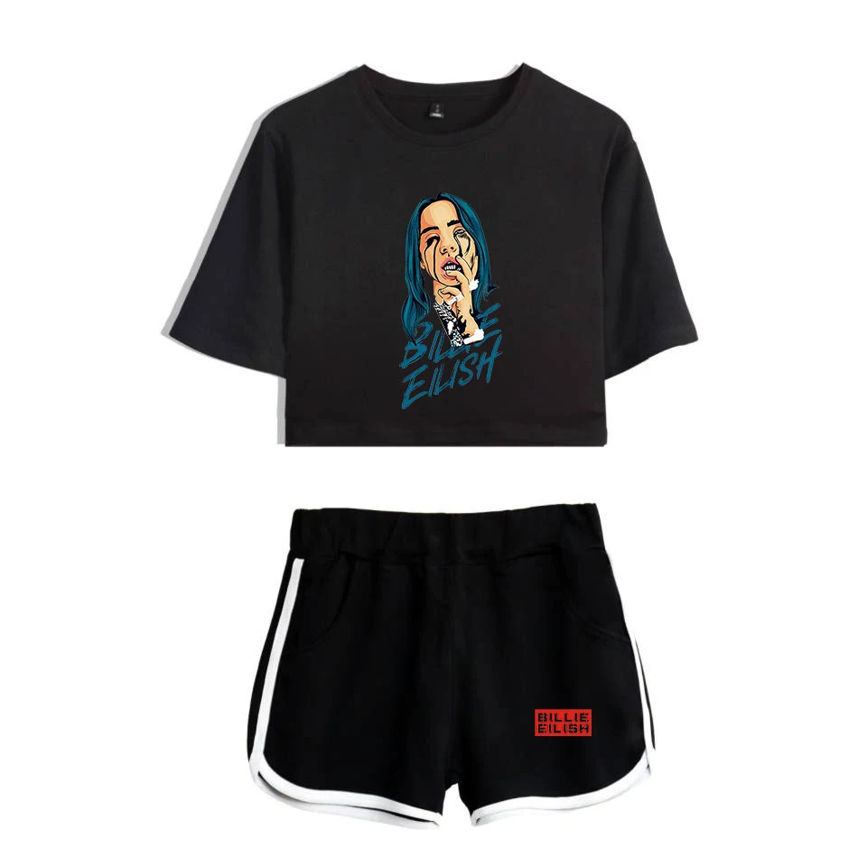 Popular new to Billie Eilish black short belly button T-shirt+ white shorts fashion women casual cotton girl two-piece