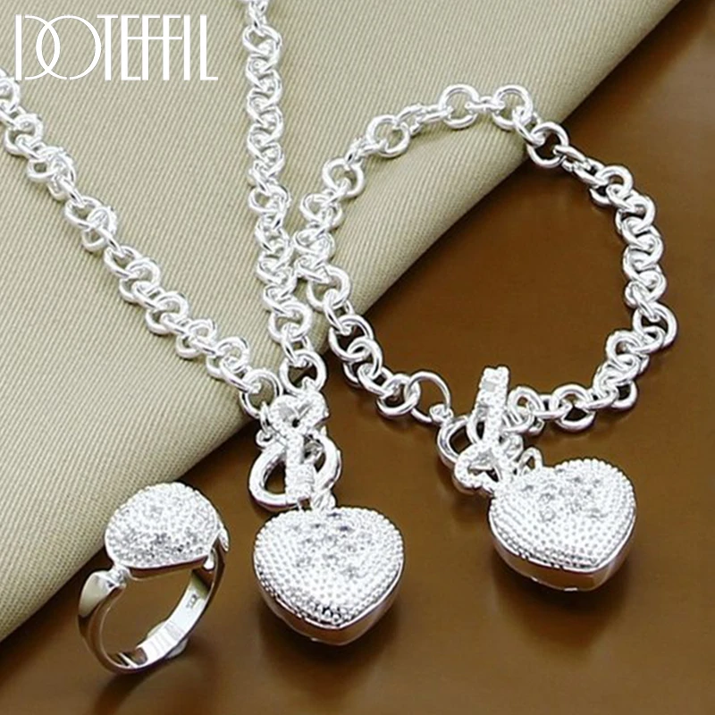 DOTEFFIL 925 Sterling Silver AAA Zircon Heart Bracelet Necklace Ring Set For Woman Wedding Engagement Party Charm Jewelry