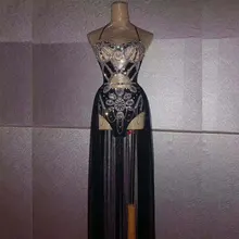 Черное боди со шлейфом юбка сценический костюм комплект из 2 предметов блестящие стразы Женская певица Джаз Танец сцена Одежда шоу сексуальный костюм