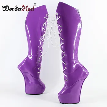 

Wonderheel Knee High Laceup Extreme high 8" heel 6cm phatform Fetish Heelless Horse Ponying Stallion Hoof Sole blue boots