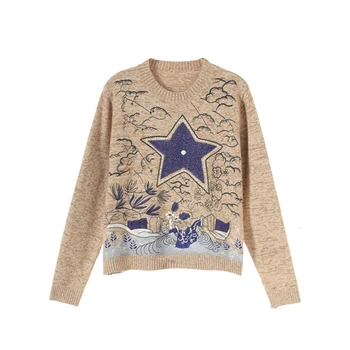 

Runway Sweater 2020 Winter Christmas Women Star Embroidered Khaki Knit Top Pullover Sweater Luxury Brand Ladies Jumper B047