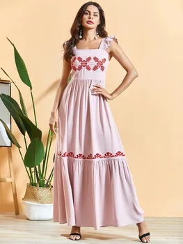 

Women Summer Embroidery pleated Bohemia Camisole Long dress Muslim abaya Dress caftan Kaftan Arabic Turkey Dubai Hijab dress