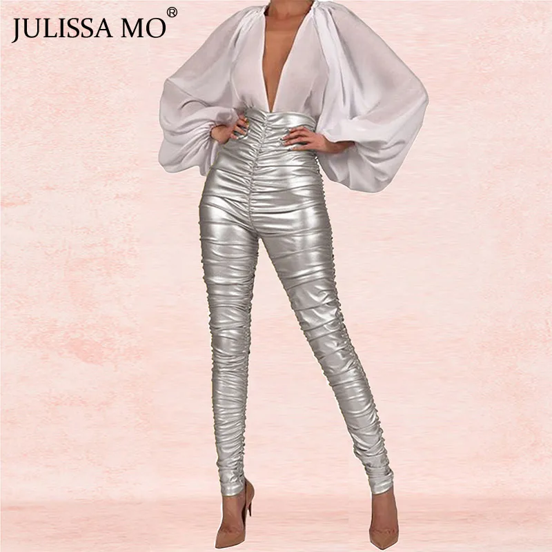 Julissa mo Серебристые плиссированные брюки с высокой талией женские осенние зимние облегающие брюки-карандаш женские однотонные сексуальные длинные брюки Новинка - Цвет: Серебристый