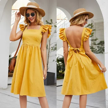 

Yellow Ruffle Mini Dress Women 2020 Sleeveless Backless Summer Dresses Femme Splice Lotus Leaf Edge Square Collar Bandage Dress