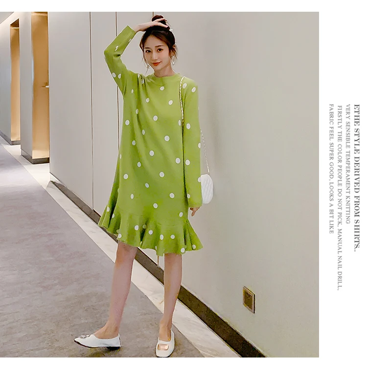 Маленькая видео осенняя одежда большого размера платье корейский стиль горошек рыбий хвост юбка свободный крой похудение жира мм платье