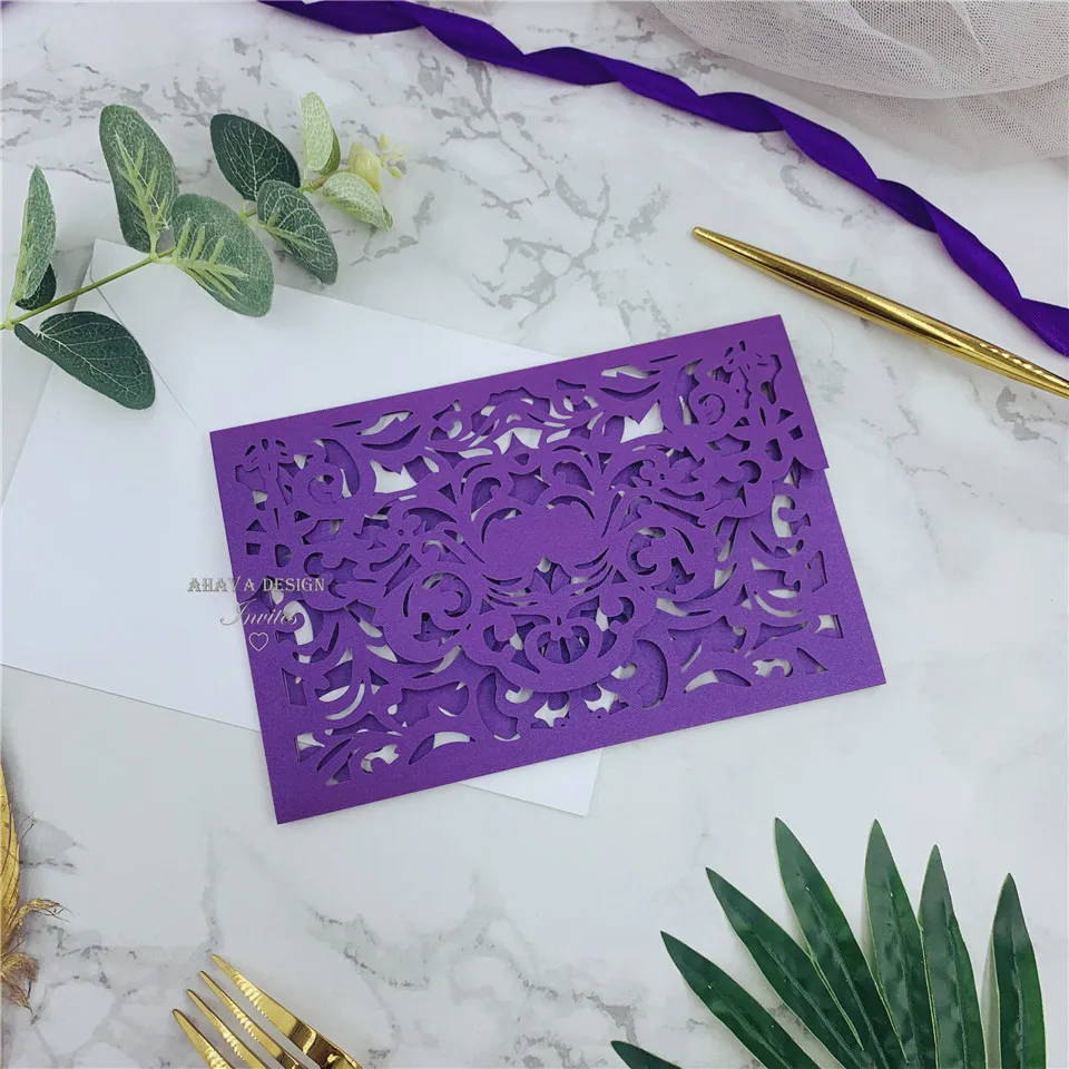 Сердечно приглашающий-Фиолетовый Мерцающий конверт с лазерной резкой с классическим приглашением и блестящей подложкой, приглашение на свадьбу