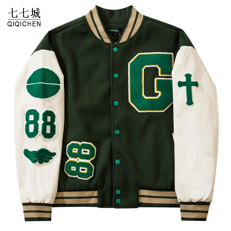 Casual Colorblock Baseball Collar Varsity Long Sleeve Green Women's Jackets  (Women's) 