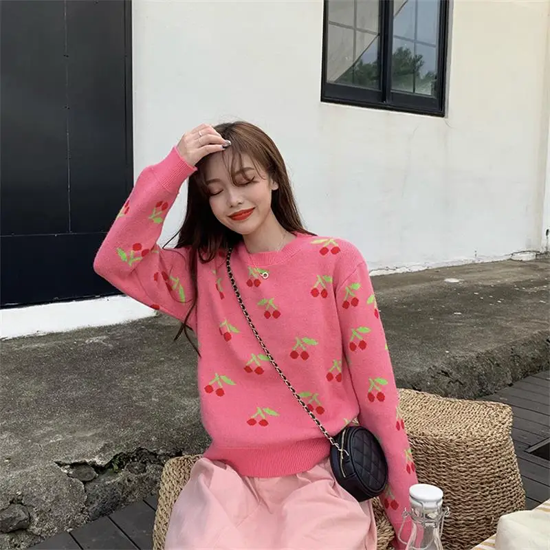 2020 женский джемпер милый кавайный толстый свитер винтажный Вишневый Harajuku