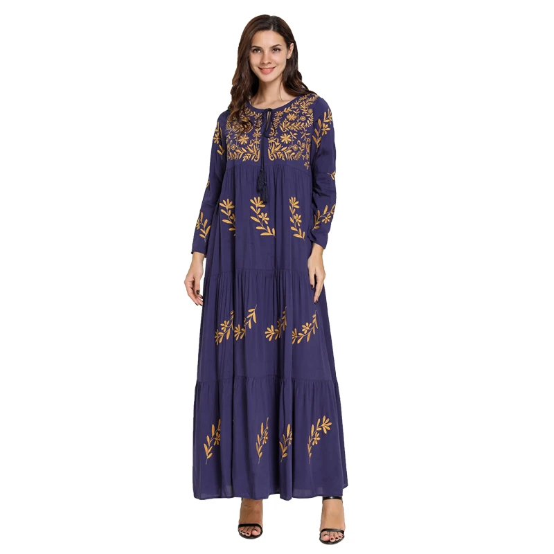 Navy blue dress Siskakia, платья с длинным рукавом, осень, новинка, растительность, вышивка, макси платье, элегантное, размера плюс, аравийская мусульманская одежда, темно-синий - Цвет: Navy blue dress