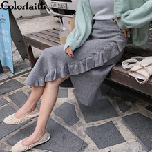 Colorfaith Новинка осень зима женские трикотажные Асимметричные оборки элегантные юбки женские с высокой талией повседневные Модные миди SK7042