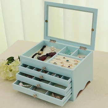 

European Cute Fashion High-end Jewelry Box White Wooden Storage Box Girlfriend Birthday Present 4 Layers 3 Pumping Have A Mirror