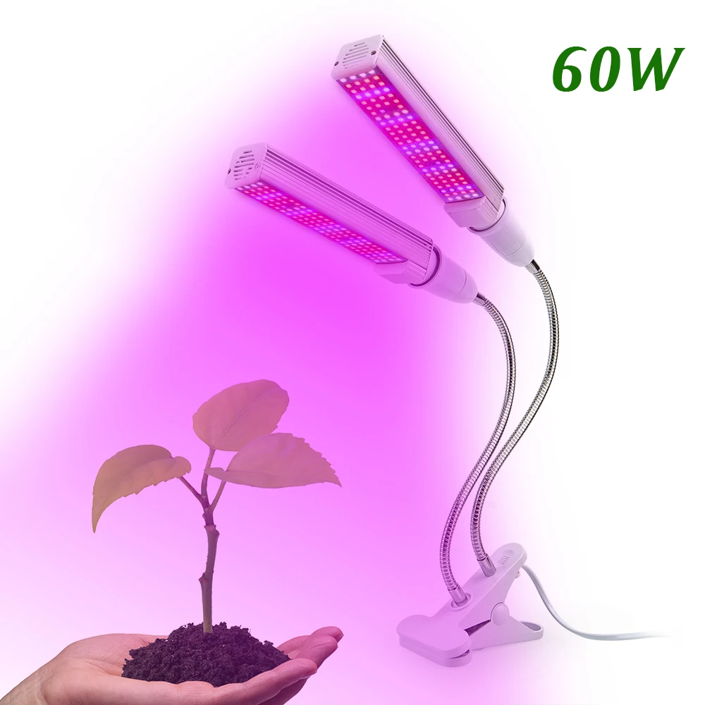 Leds Full Spectrum Dual Head LED Grow Light Plant Flower Grow Lamp Red Blue UV IR Lights Clip for Veg Indoor E27 Green House 60W