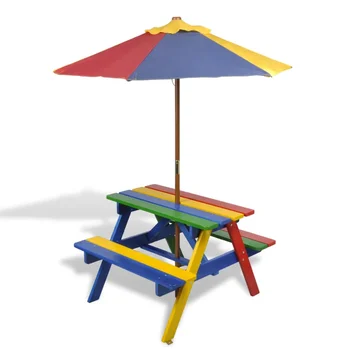

vidaXL Kids' Picnic Table with Benches and Parasol Multicolour Wood