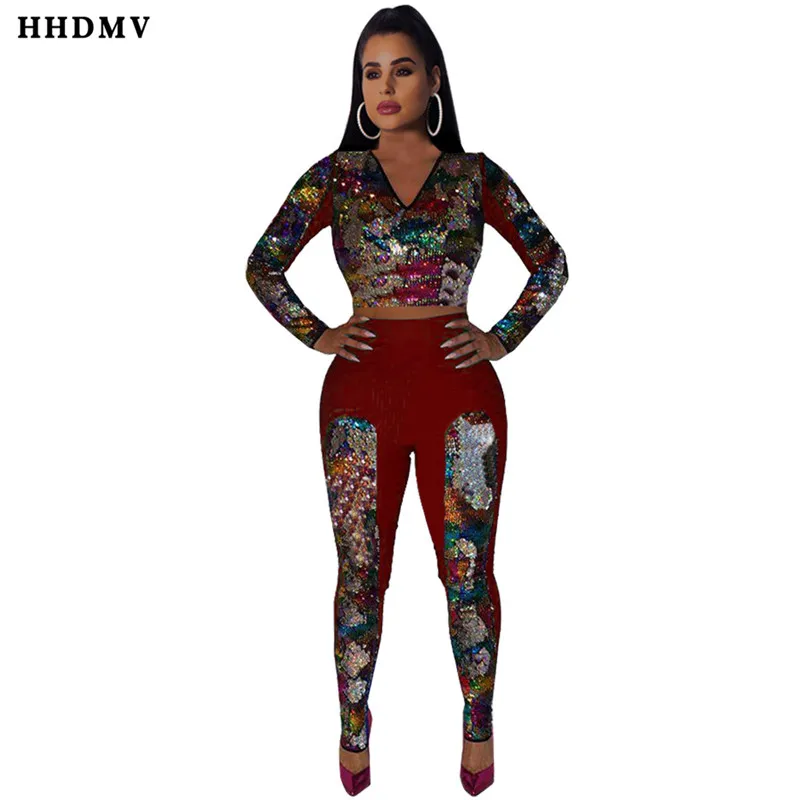 HHDMV QM3596 Горячая сексуальные Клубные вечерние с длинным рукавом v воротник короткий топ эластичные длинные штаны Блестки украшения комплект из двух предметов