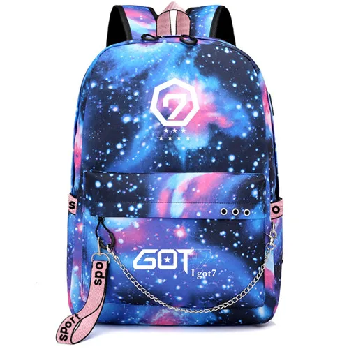 Получил 7 я получил семь Yugyeom Jinyoung Mark Рюкзак Школьные сумки галактика гром Mochila сумки ноутбук рюкзак с цепочкой USB порт - Цвет: Style 30