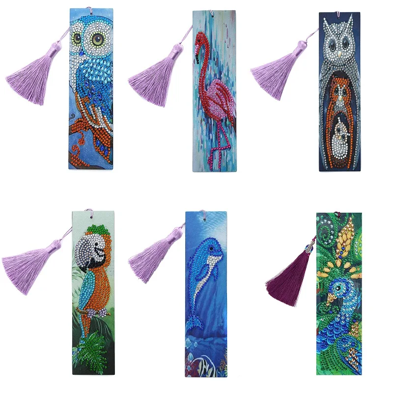 5D Diamond Painting Exquisite Owl Flamingo Leather Bookmarks Tassel Bookmarks Special Shaped Diamond Embroidery Craft decoration