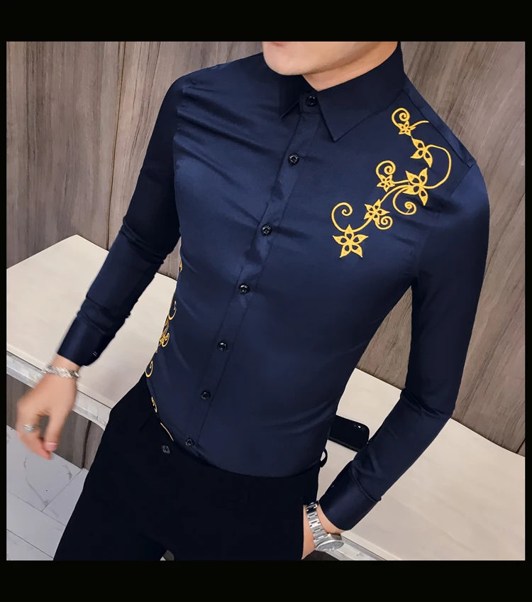 Новая Корейская вышитая рубашка мужская Kemeja Pria Slim Fit рубашка с длинными рукавами Мужская рубашка для выпускного вечера для клуба Camisa Masculina Весна