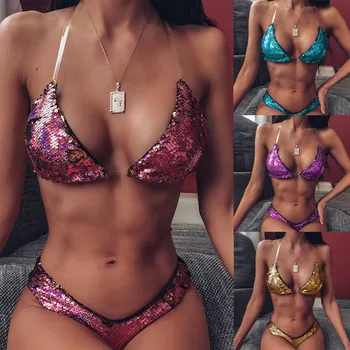 

2020 New Underwear Women Hot Sexy Push-Up Padded Bathing Wear Printing Sequins Lengerie Transparent Strap Female Underwear Set