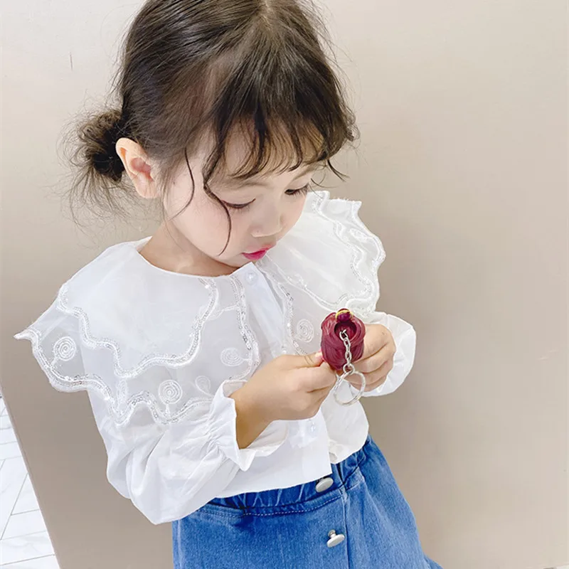 

DFXD Spring Baby Clothes Girls Princess Shirts Fashion Korean Style White Long Sleeved Sequins Lace Double Collar Blouses 2-7T