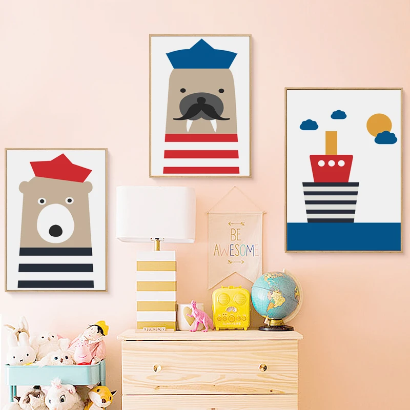

Cute Cartoon Animal Sailor Sea Lion Various Sizes Canvas Art Painting Print Poster Picture Children's Room Home Wall Decor Mural
