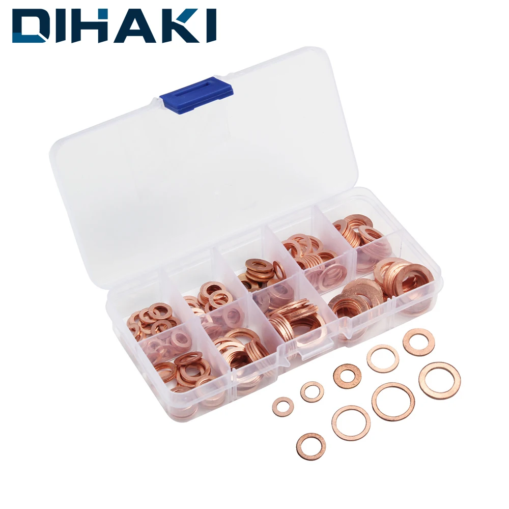

200PCS Copper Sealing Washers Metric Flat Gasket O-Ring with Assortment Case Fastener Hardware Accessories M5-M14