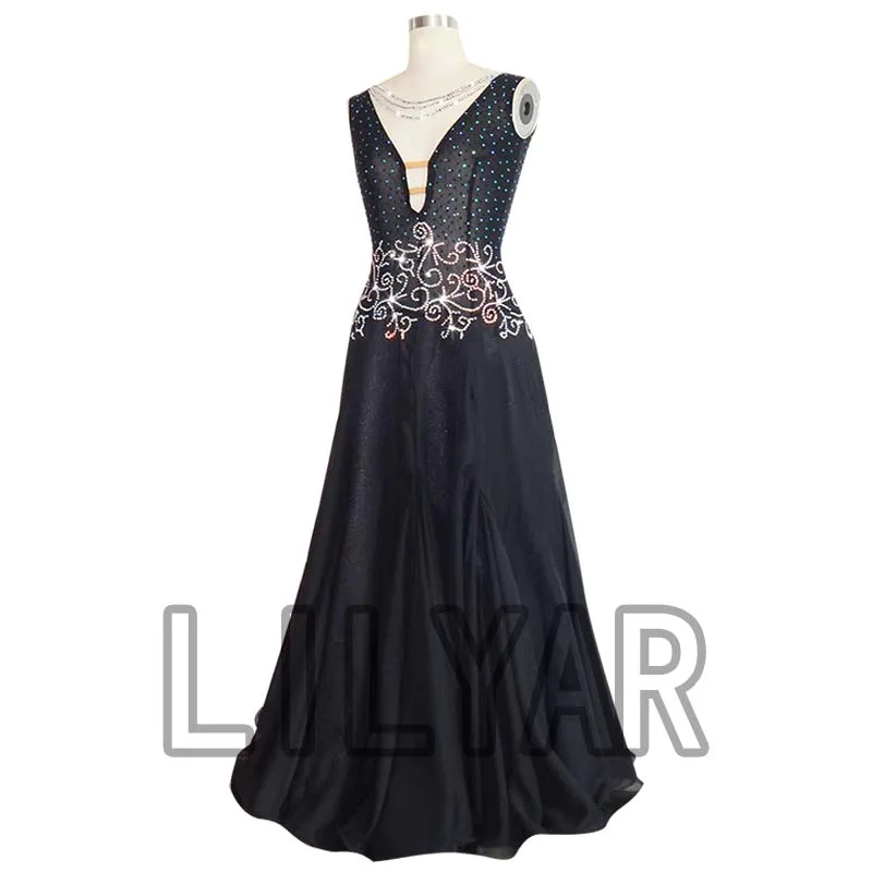 Ballroom Dance Standard Skirt Competition Costumes Performing Dress Customize Adult Kids Deep V-neck Bla