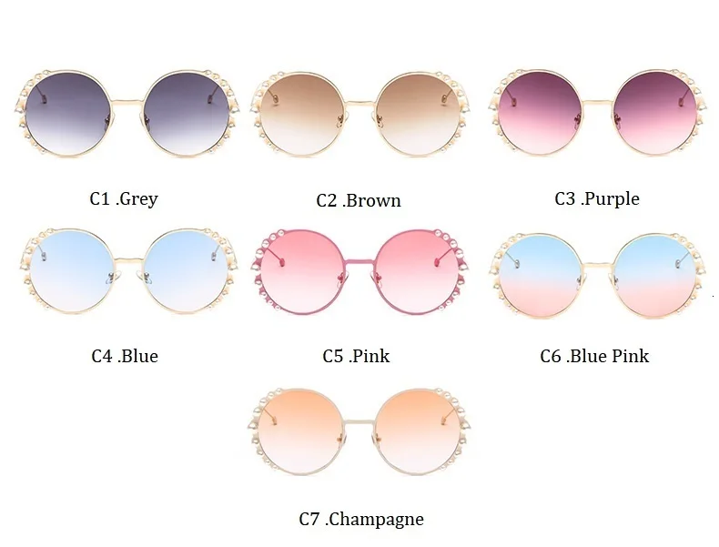 Luxury Beads Round Sunglasses Women Fashion Alloy Frame Brand Pearls Designer Sun Glasses For Female Brown Shades UV400 New