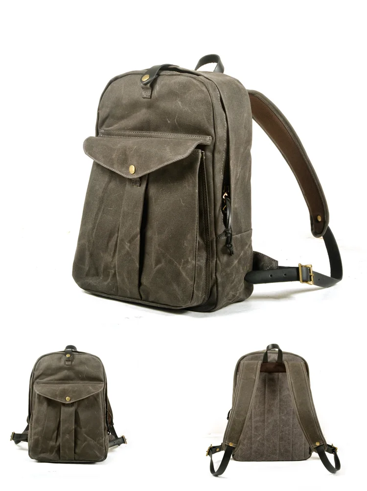 Canvas & Leather Backpack Purse Grey Black Brown