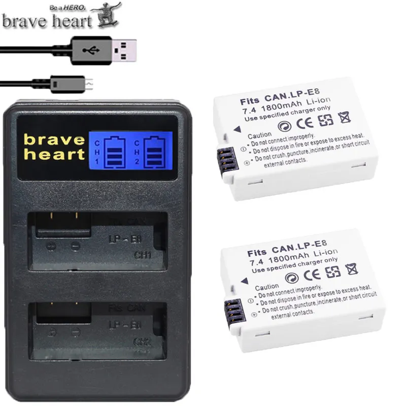brave heart LP-E8 LP E8 LPE8 батарея камеры+ светодиодный двойной зарядное устройство для Canon EOS 550D 600D 650D 700D Rebel T2i T3i T4i T5i - Цвет: charger and 2battery