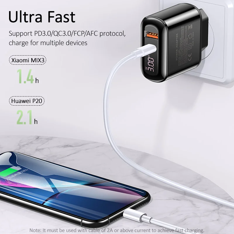 USAMS Quick Charge 3,0 USB зарядное устройство светодиодный дисплей 18 Вт QC3.0 PD 3,0 быстрое зарядное устройство для iPhone iPad Pro двойные порты, для мобильных телефонов зарядное устройство