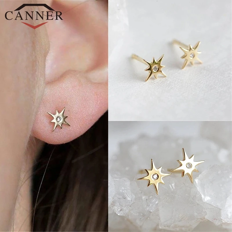 

Minimalist Octagonal 925 Sterling Silver Star Stud Earrings for Women Simple Crystal Zircon Gold Earrings Fashion Jewelry