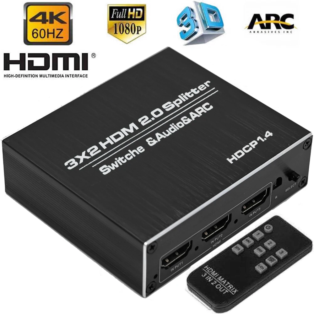 HDMI Splitter 3X2 4K@60Hz 3.5mm hdmi Audio Extractor Switcher with ...