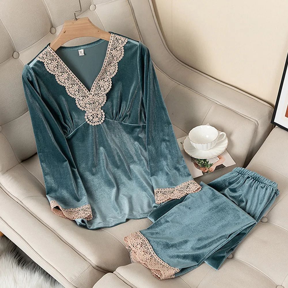 

Fdfklak Velvet Pajamas Warm Women Autumn Winter Soft Warm 2PCS Pyjama Sets Nighty Home Clothes Pink/Wine Red Lace Sleepwear