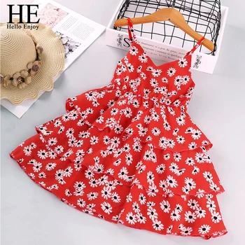 

HE Hello Enjoy Baby Girls Red Dresses 2020 Summer Children Flowers Sling Elegant Female Kids Cake Dress teens Girls Clothing