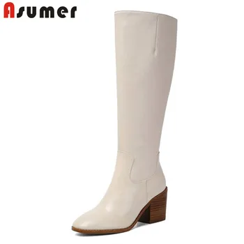 

ASUMER big size 34-43 fashion knee high boots women square toe zip pu+cow leather boots square high heels autumn winter boots