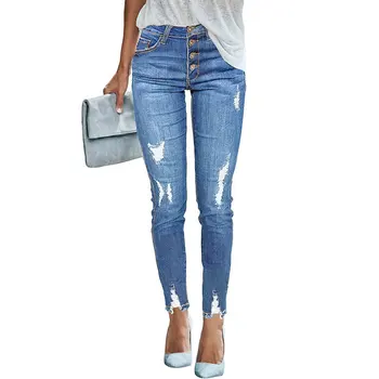 

2020 Newest Hot Women Stretch Ripped Distressed Skinny High Waist Denim Pants Shredded Jeans Trousers Dropshipping