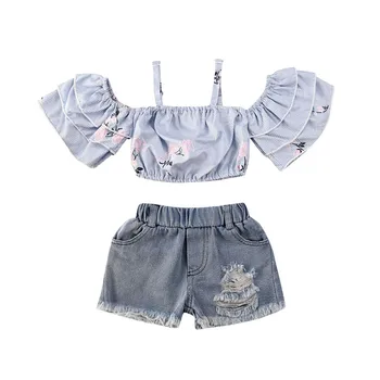 

Summer Baby Girl Kids Flower Off Shoulder Ruffle Crop Tops + Short Pants 2PCS Outfit Clothes 6M-3Y