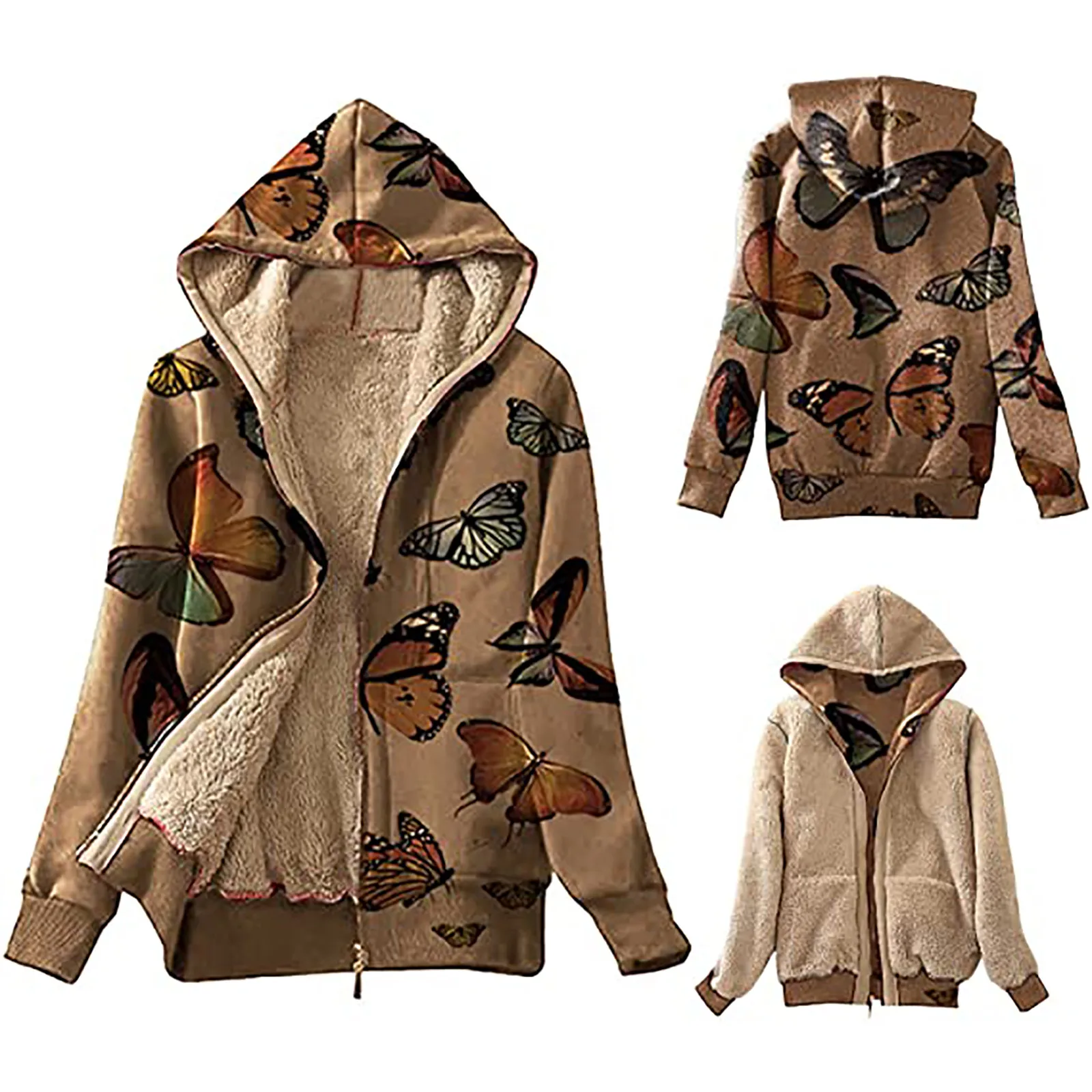 Zip Up Hoodie Women's Butterfly print Coat Casual Winter Warm Plush Zipper Double Sided Up Hooded Sweatshirt Jackets For Women 2