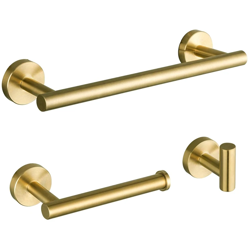 

3-Pieces Bathroom Hardware Accessories Sets Brushed Gold SUS304 Stainless Steel Wall Mounted Towel Bar Robe Holder Hook Toilet P