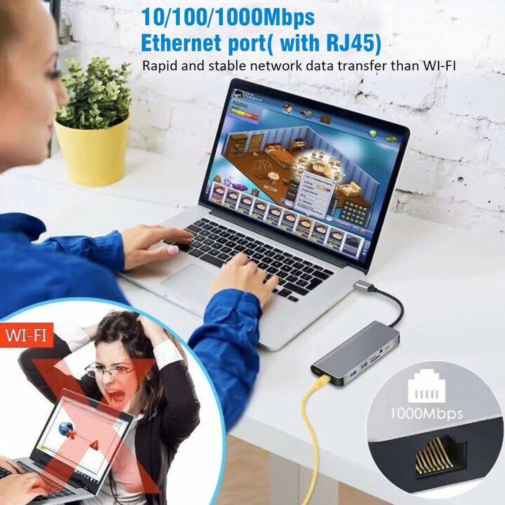 8 в 1 USB-C-type-C USB3.0 HDMI 4K VGA RJ45 адаптер концентратор Многофункциональный Док-станция серый для Mackbook адаптер