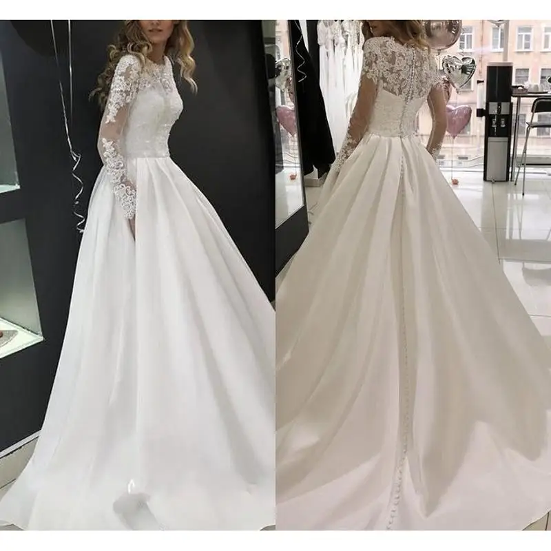 Элегантное свадебное платье с длинным рукавом es robe de mariee, атласное свадебное платье трапециевидной формы, аппликация, кружева, иллюзия ручной работы, свадебные платья
