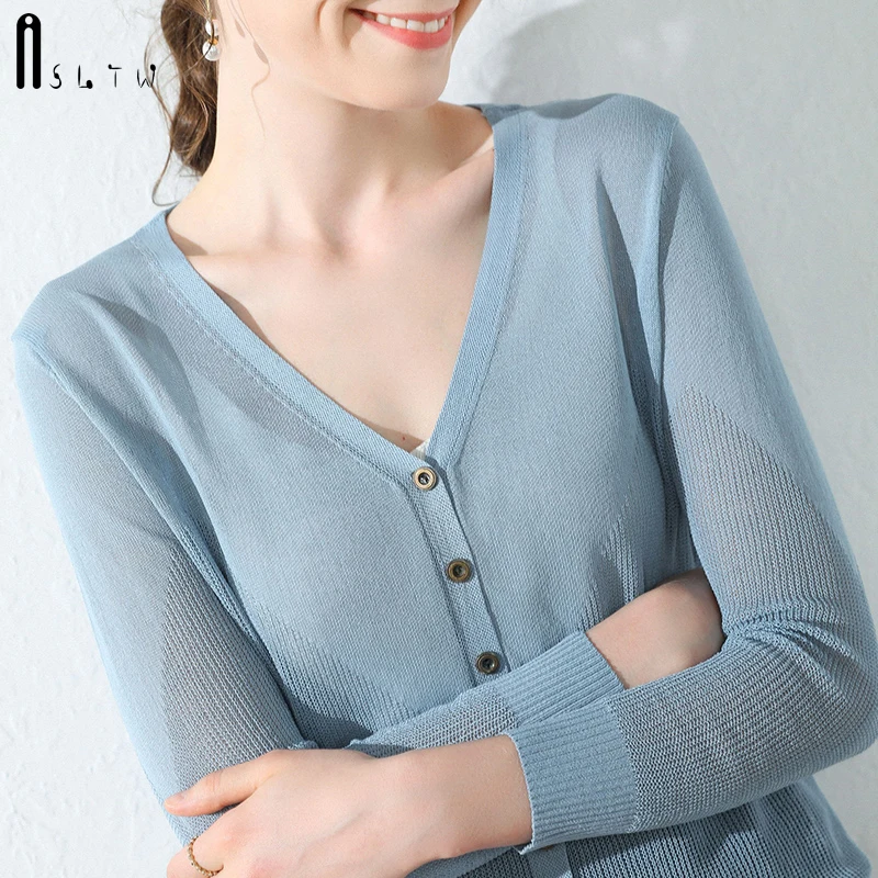 

ASLTW Women Knitted Sweater Cardigan New Sunscreen hollow design Fashion casual Solid color Spring summer Coat Female Cardigan