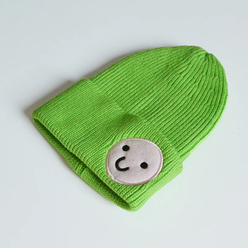 green Детские зимние шапки и шапки, вязаные теплые однотонные шапки-бини со смайликом для девочек и мальчиков, однотонные розовые милые шапки осень/зима для детей - Цвет: green