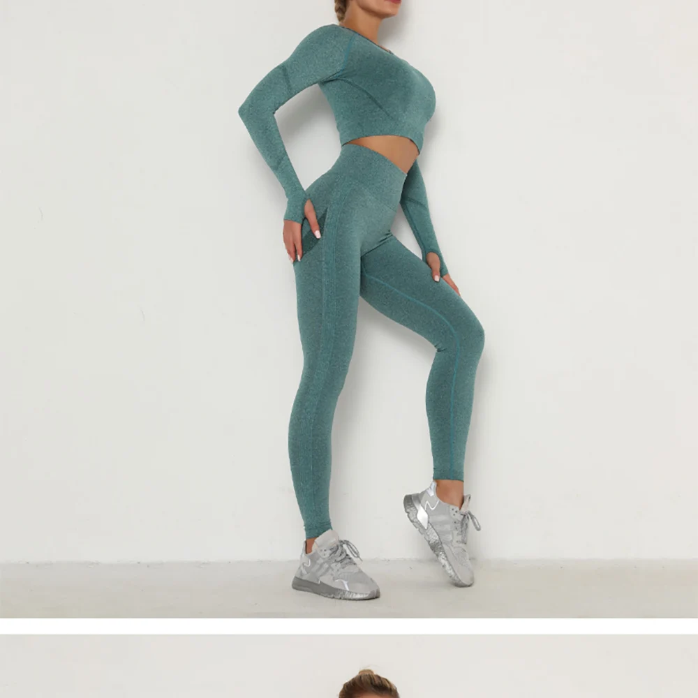 跨境欧美-无缝瑜伽服套装吸汗提臀-高腰健身裤女紧身长袖运动套装-阿里巴巴_19