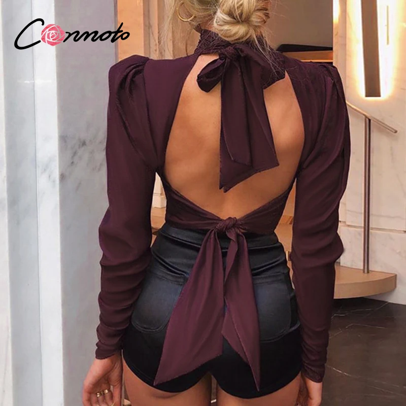 

Conmoto bow backless sexy club blouse shirts women solid vintage turtle blouses shirts casual spring puff spring blusas mujer