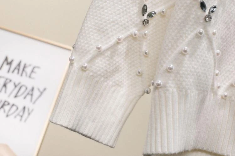 Diamonds beading turtleneck white sweater women
